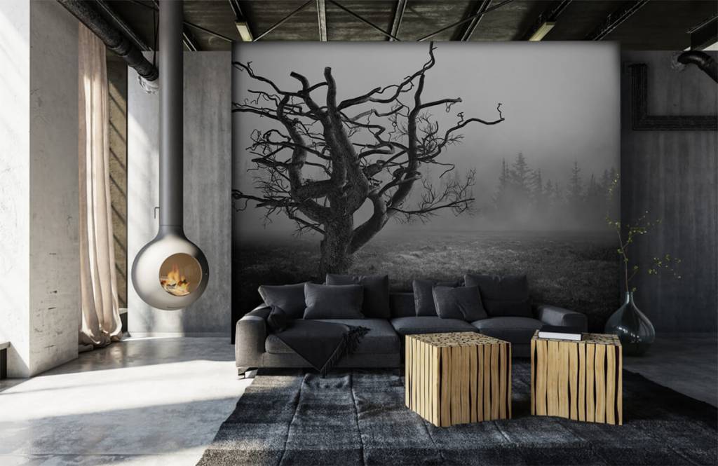 Black and white wallpaper - Sierlijke boom - Slaapkamer 6