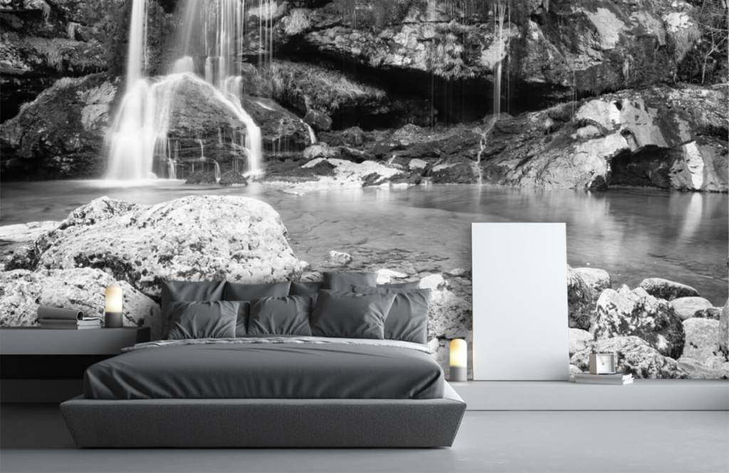Black and white wallpaper - Waterval over een stenen wand  - Slaapkamer 3