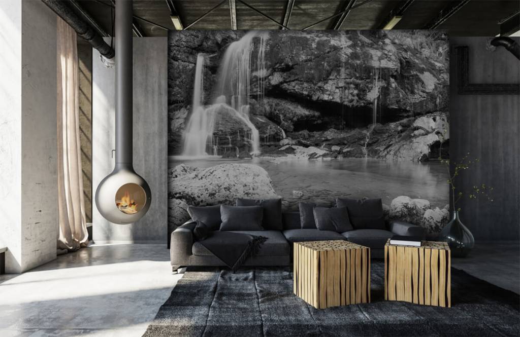 Black and white wallpaper - Waterval over een stenen wand  - Slaapkamer 7