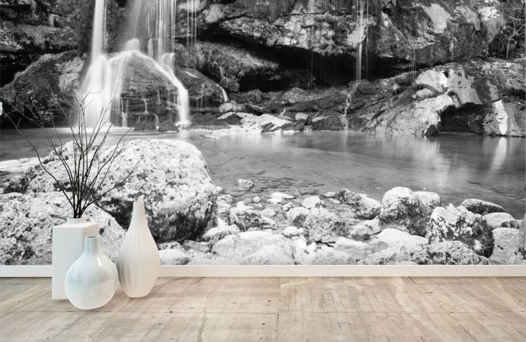 Black and white wallpaper - Waterval over een stenen wand  - Slaapkamer 8