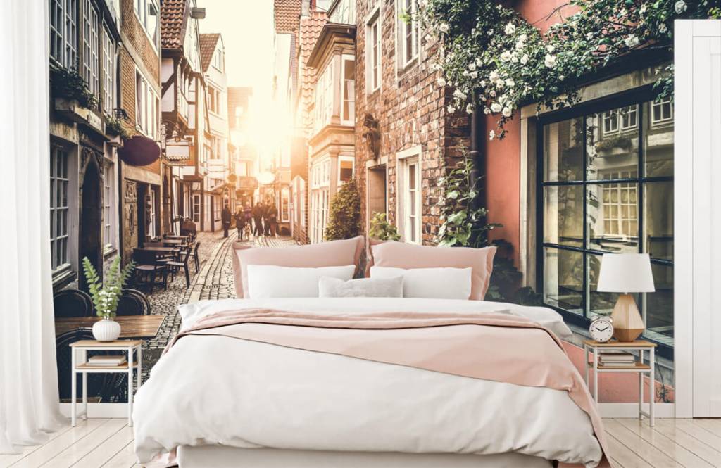 Steden behang - Zonsondergang in een oud straatje - Slaapkamer 7