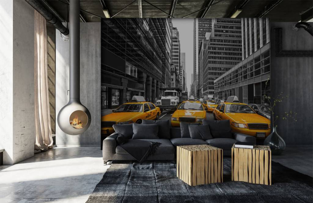 Black and white wallpaper - Gele taxi's in New York - Tienerkamer 6