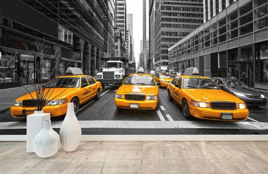 Black and white wallpaper - Gele taxi's in New York - Tienerkamer 8