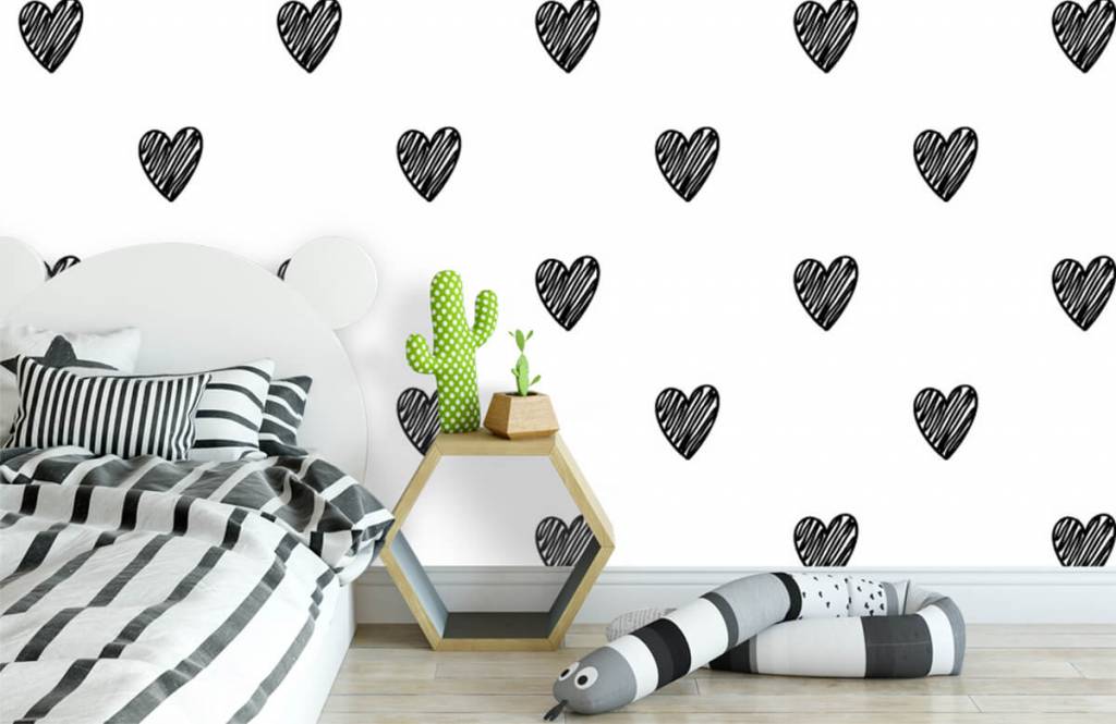 Black and white wallpaper - Zwarte getekende hartjes - Kinderkamer 1