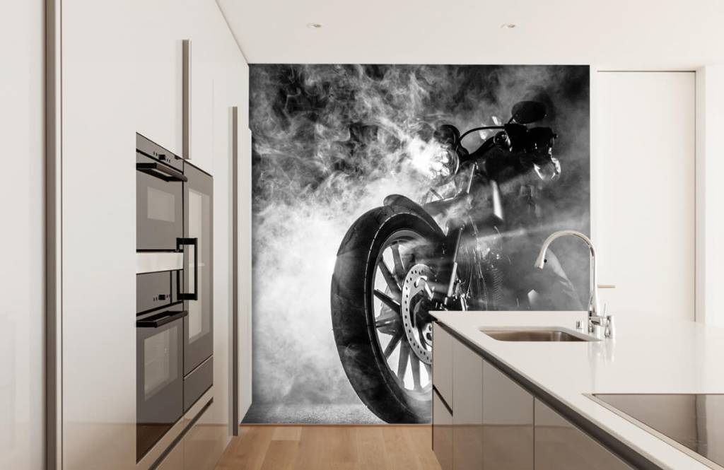 Black and white wallpaper - Motor met rook - Tienerkamer 4