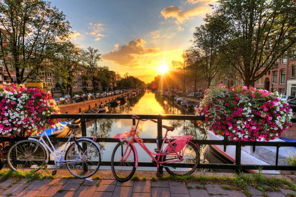 Jazda na rowerze na moście z kwiatami