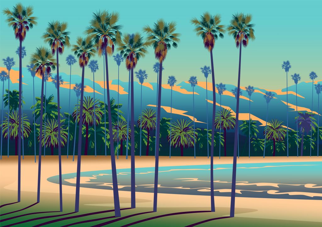 Narysowane jezioro z palmami