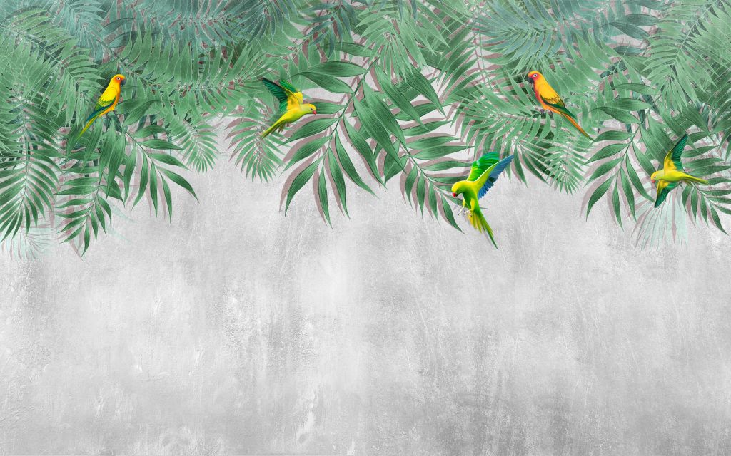 Tropikalne liście i papużki nierozłączki