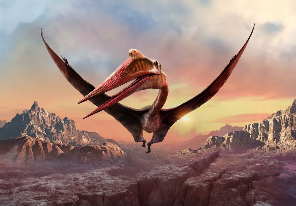Quetzalcoatlus lecący nad górami