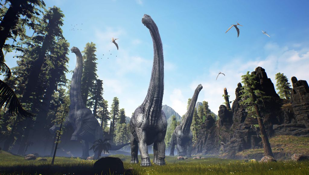 Grupa Alamosaurus idąca przez dolinę