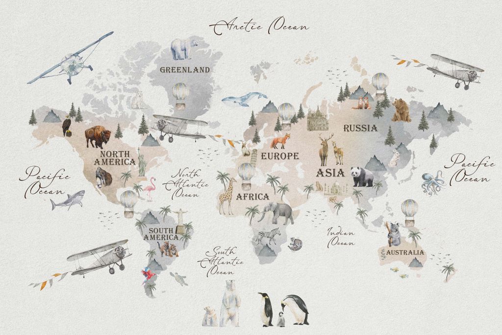 Mapa świata z różnymi zwierzętami