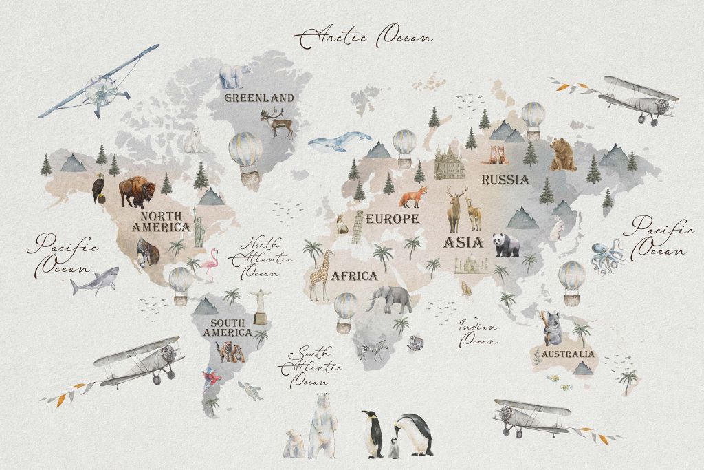 Mapa świata z różnymi zwierzętami