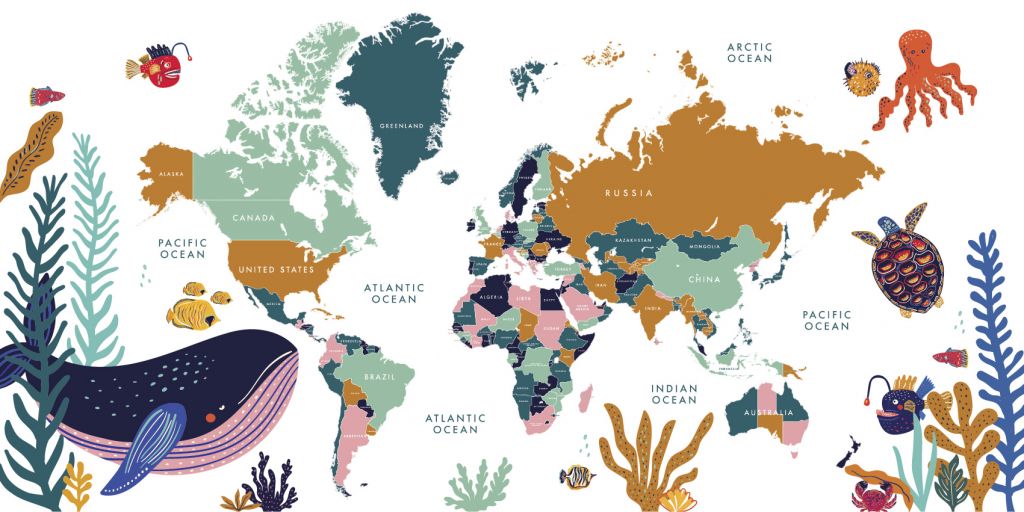 Mapa świata z oceanicznymi zwierzętami