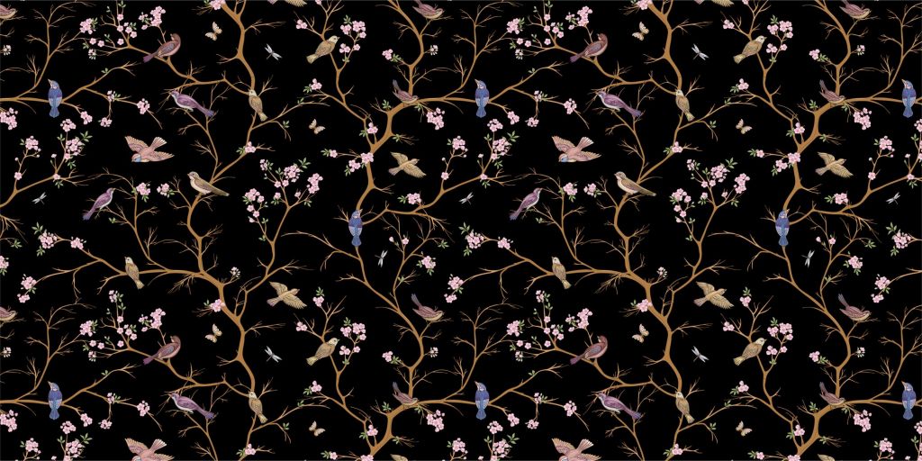Kwitnące gałęzie z ptakami