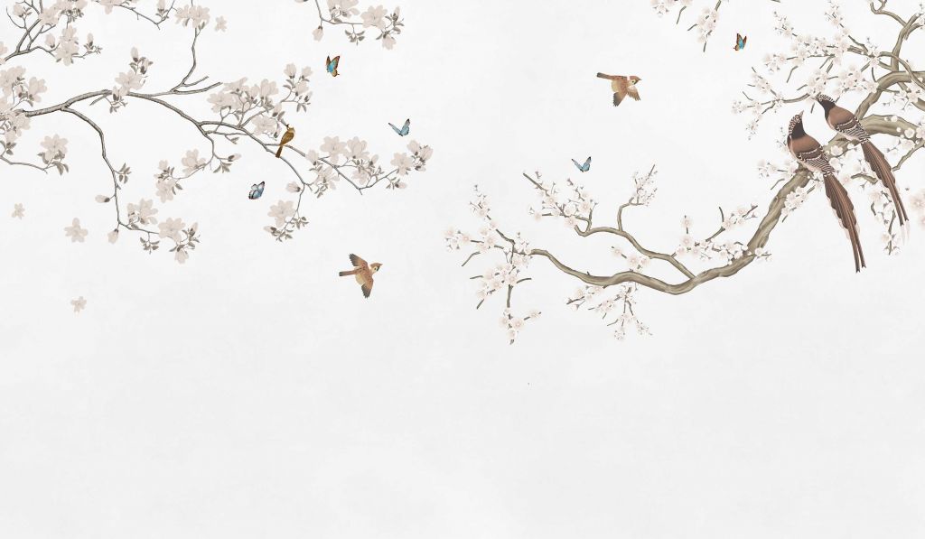 Kwitnące gałęzie i ptaki