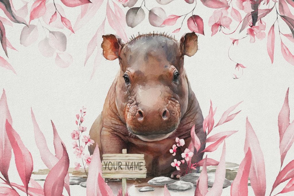 Mały hipopotam w liściach w kolorze różowym