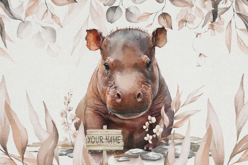 Mały hipopotam w liściach w kolorze beżowym