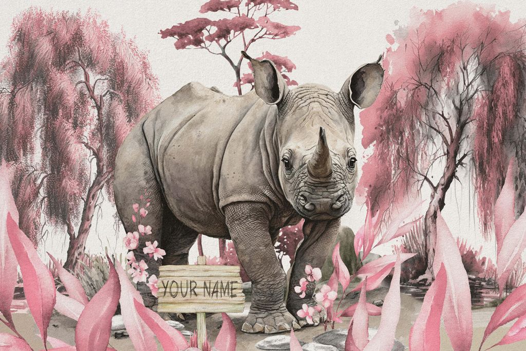 Mały nosorożec na sawannie w kolorze różowym