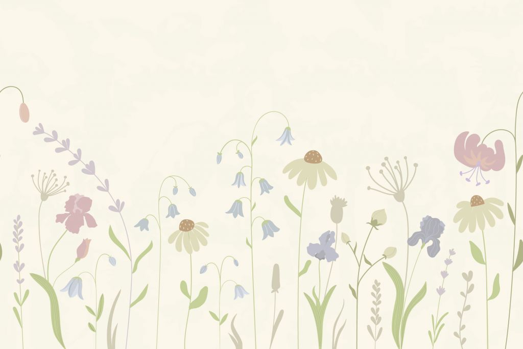 Pole kwiatów w wysokim beżu, starym różu, zieleni i bzie