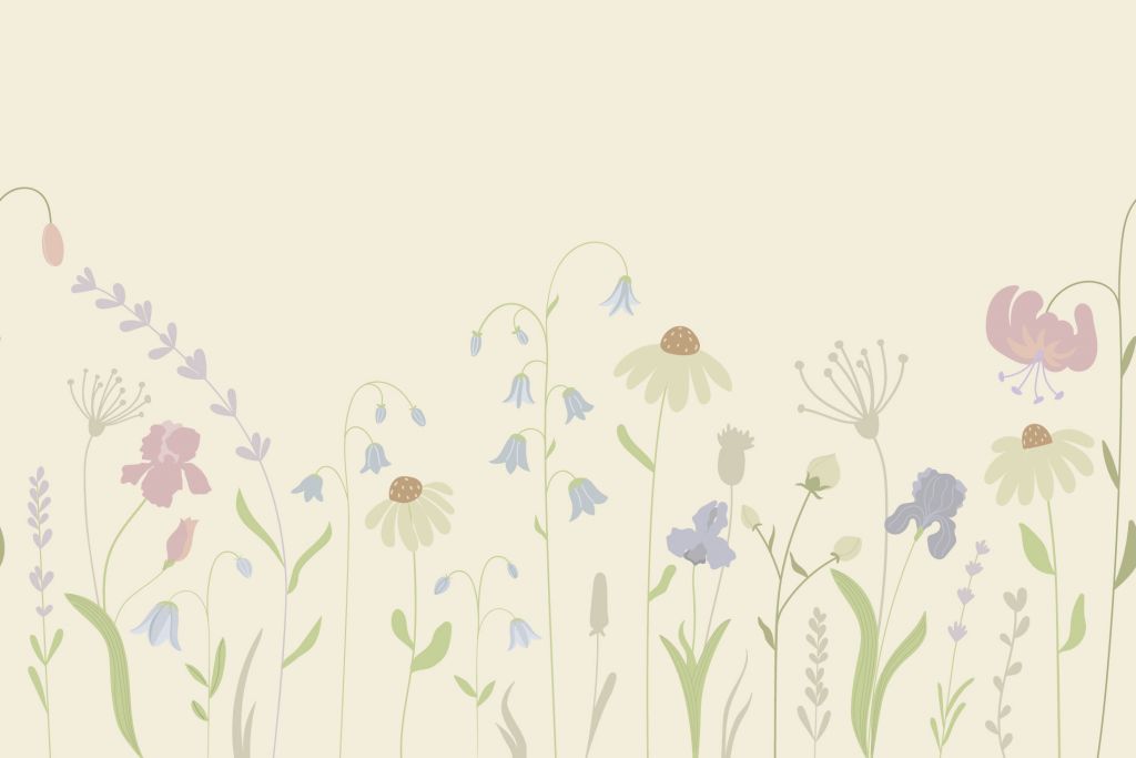 Wysokie pole kwiatowe z piaskiem, starym różem, zielenią i bzem