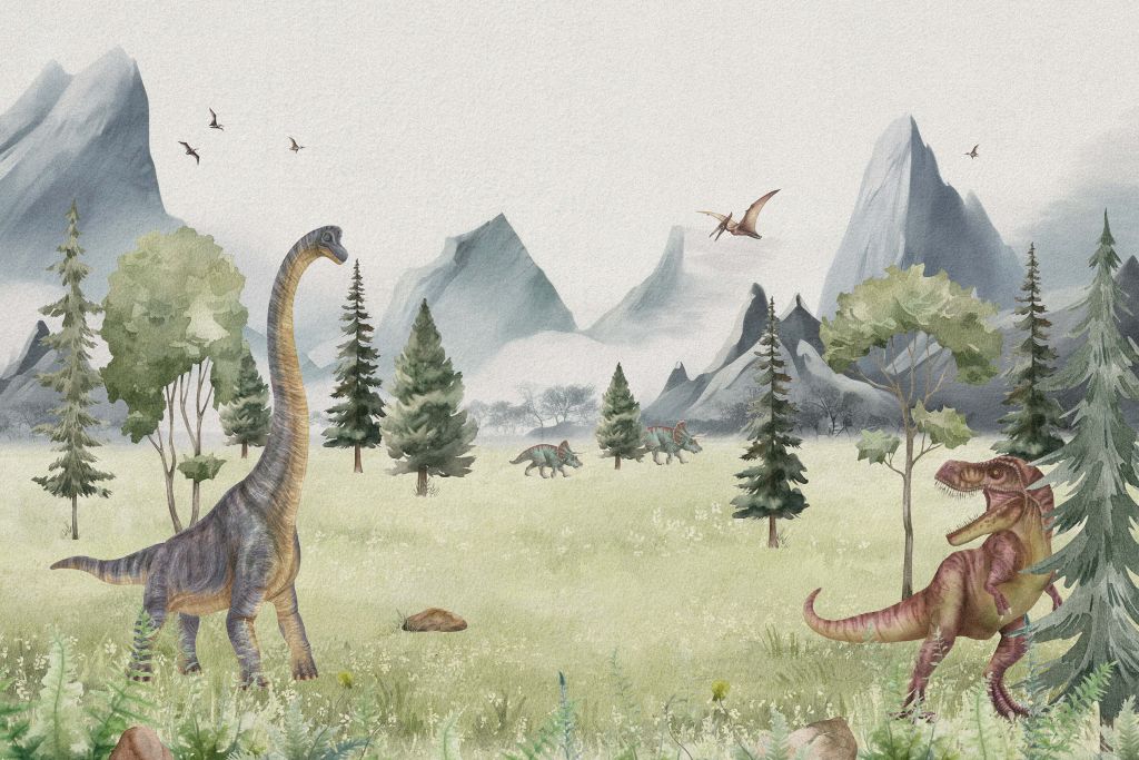 Krajobraz z kolorowymi dinozaurami