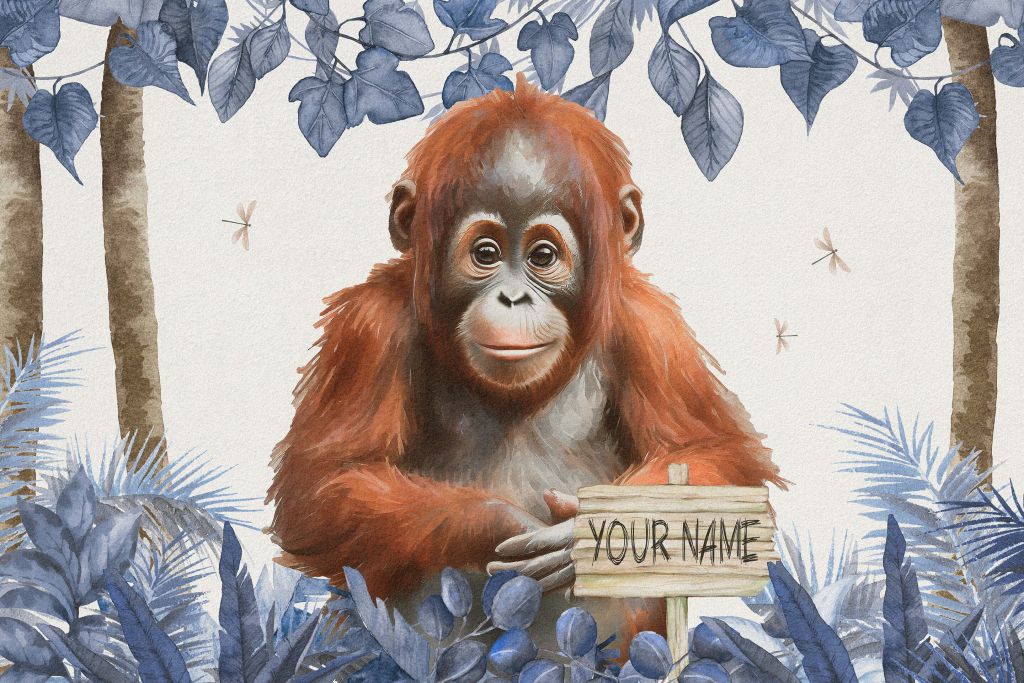 Młody orangutan w dżungli niebieski