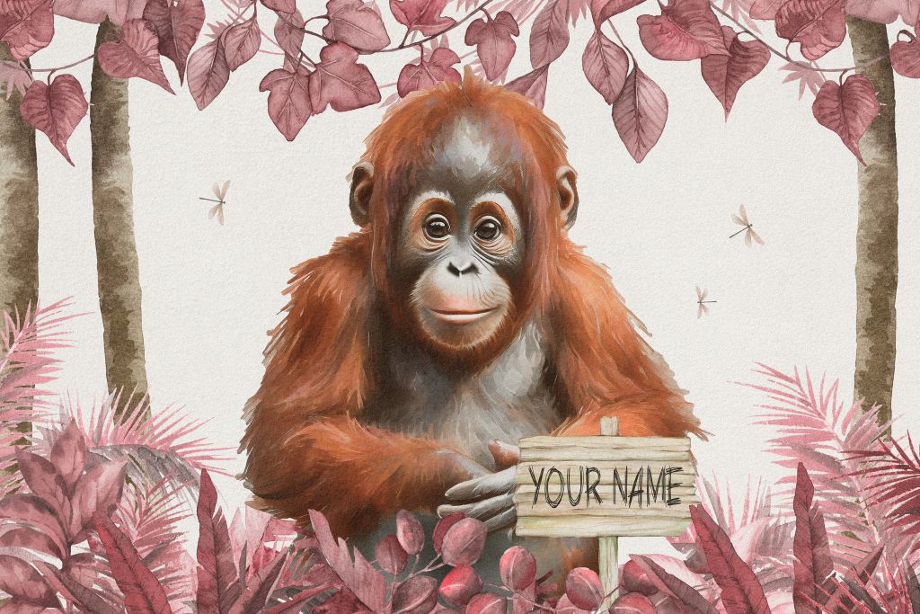 Młody orangutan w dżungli różowy