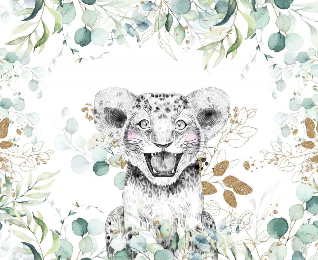 Mały lew z liśćmi mięty