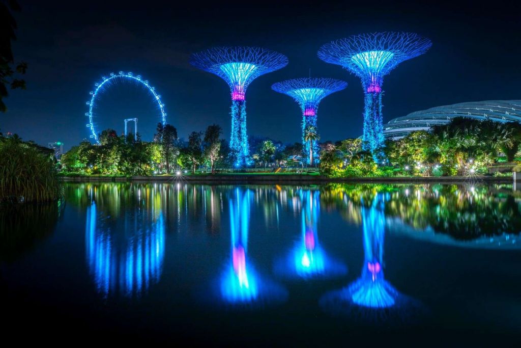 Futurystyczne drzewa świetlne nad wodą