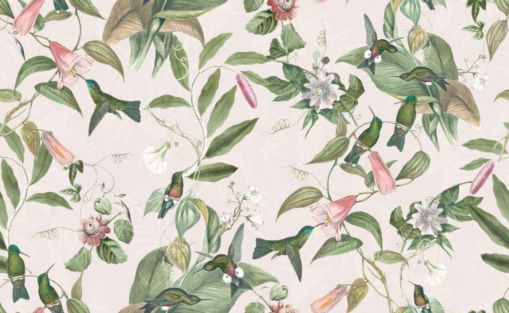 Kolibry między różowymi kwiatami