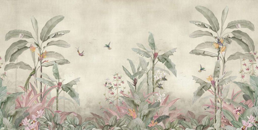 Kolibry między miękkimi liśćmi bananowymi.