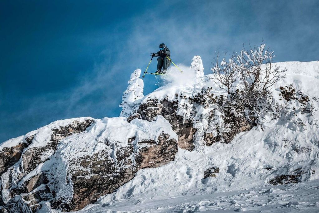 Narciarz freestyle'u w zasnowanym górskim świecie