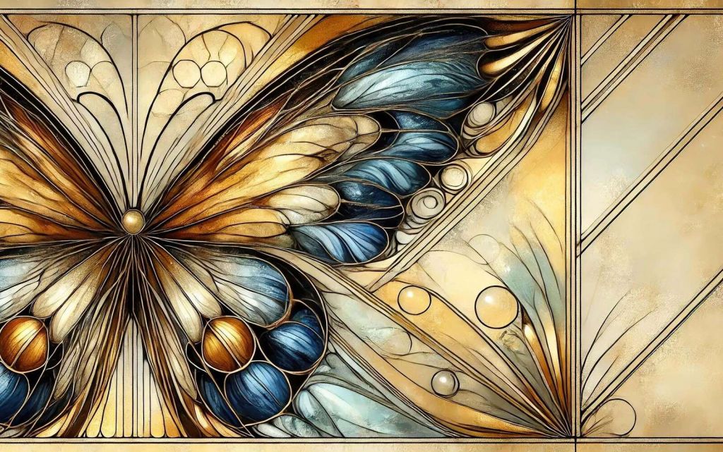 Motyl w złocie i granatowym kolorze.