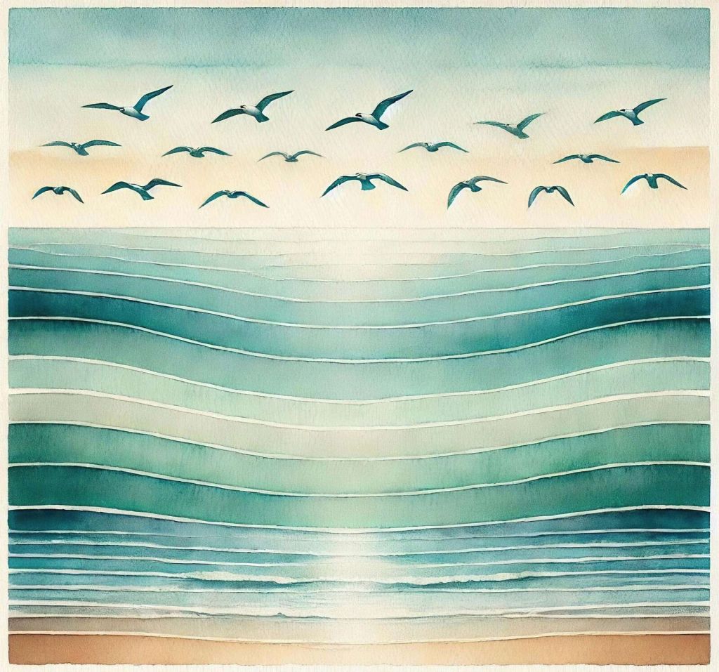 Letnie morze z latającymi mewami.