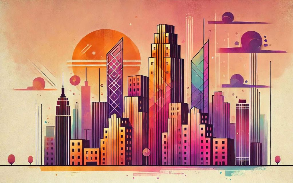 Kolorowe miasto pod różowym słońcem.