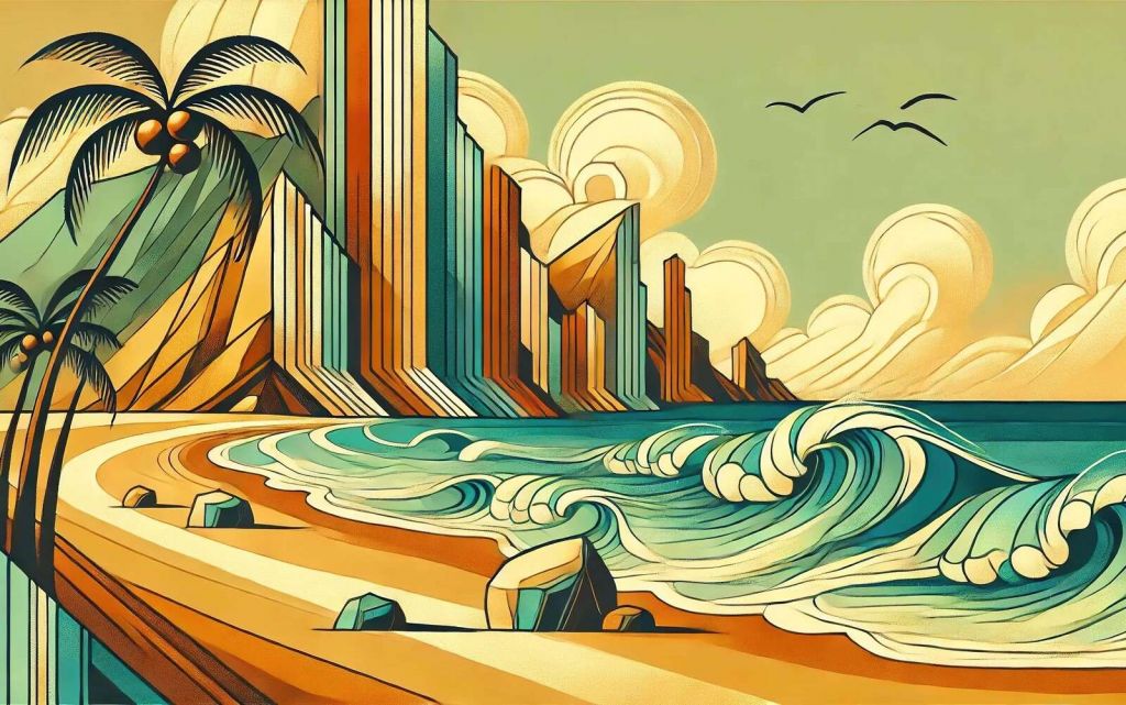 Fale na tropikalnym wybrzeżu w stylu Art Deco.