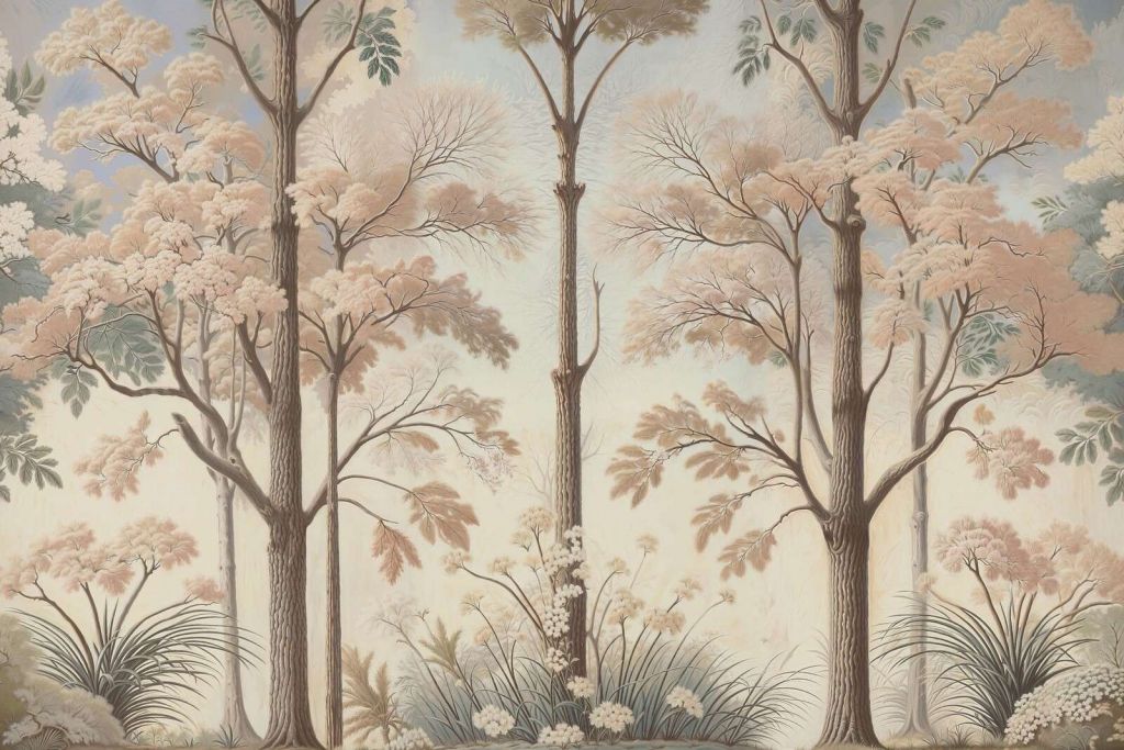 Łagodny krajobraz leśny z kwitnącymi drzewami