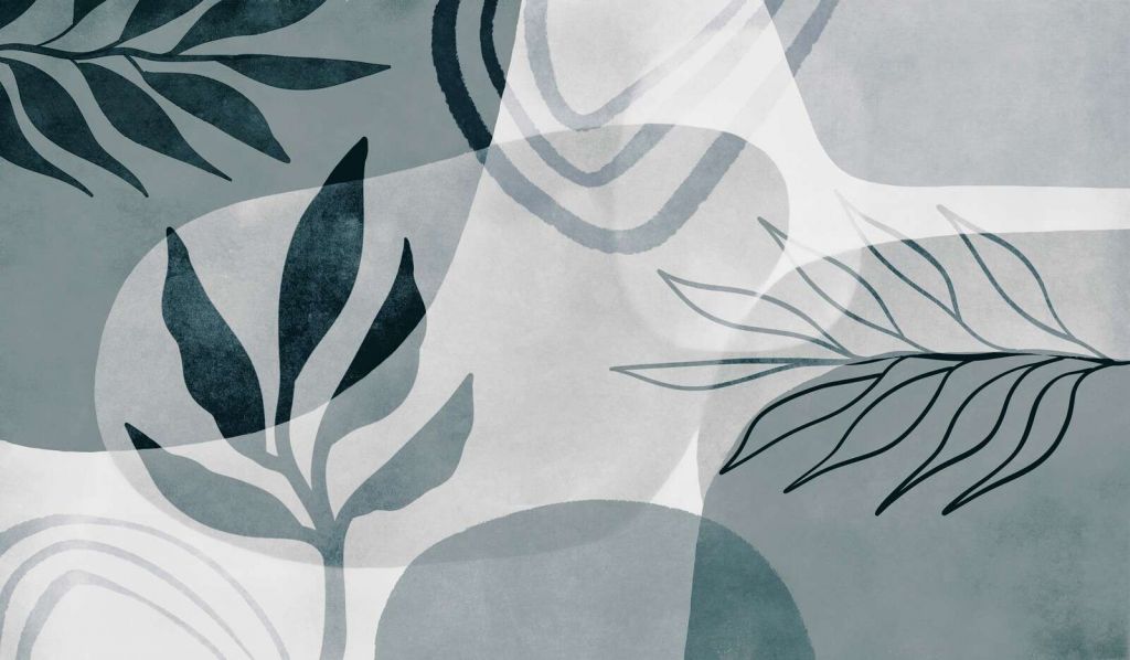 Abstrakcyjna botaniczna sztuka mid-century w kolorze turkusowym.