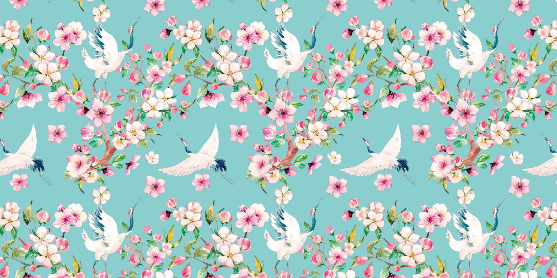 Żurawie pomiędzy różowymi kwiatami