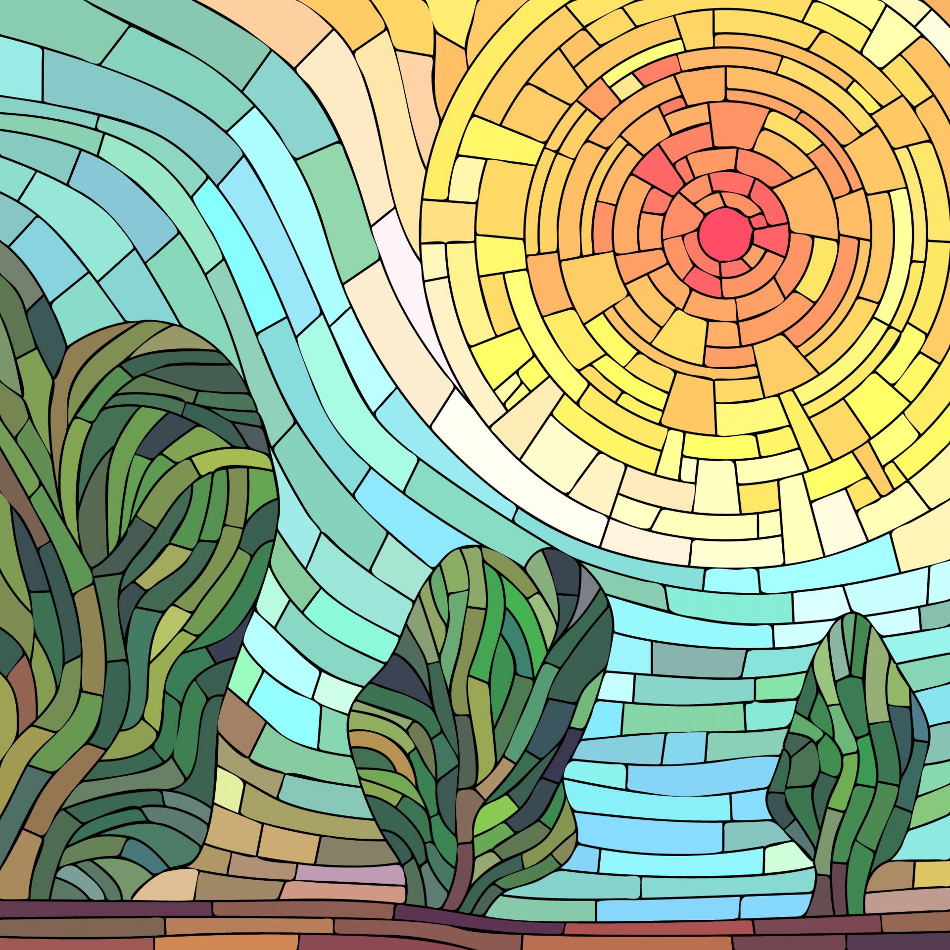 Czerwone słońce przy drzewach