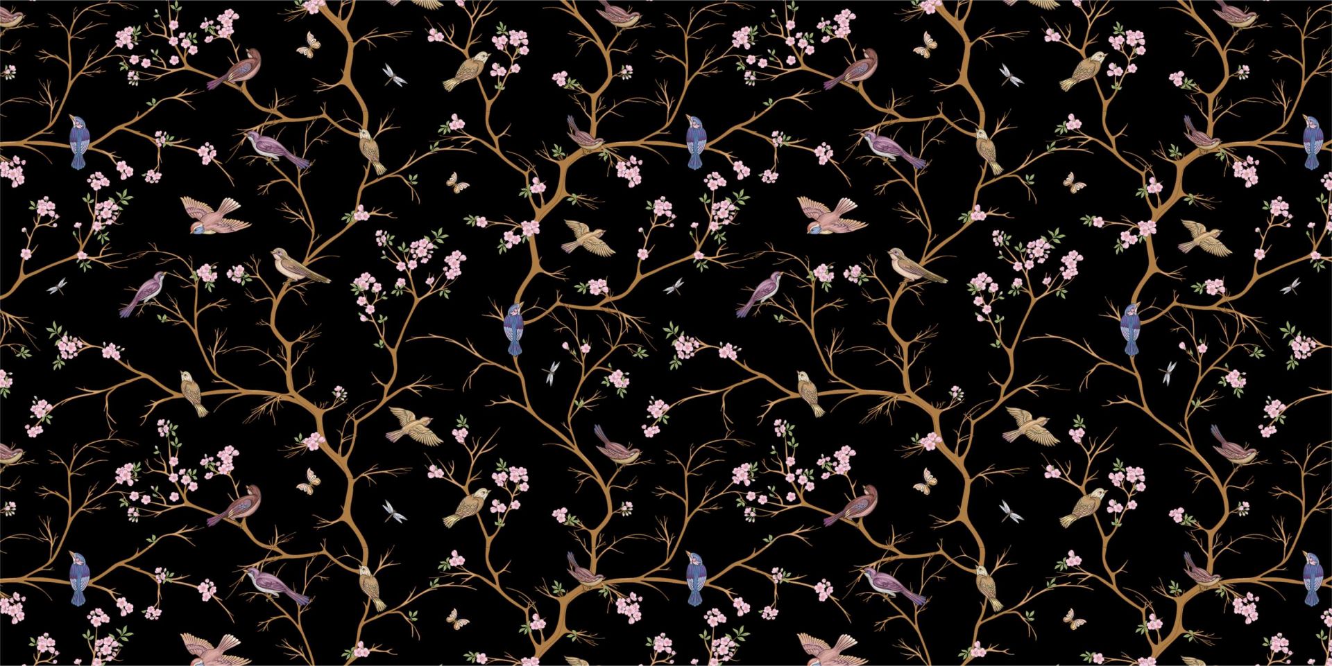 Kwitnące gałęzie z ptakami