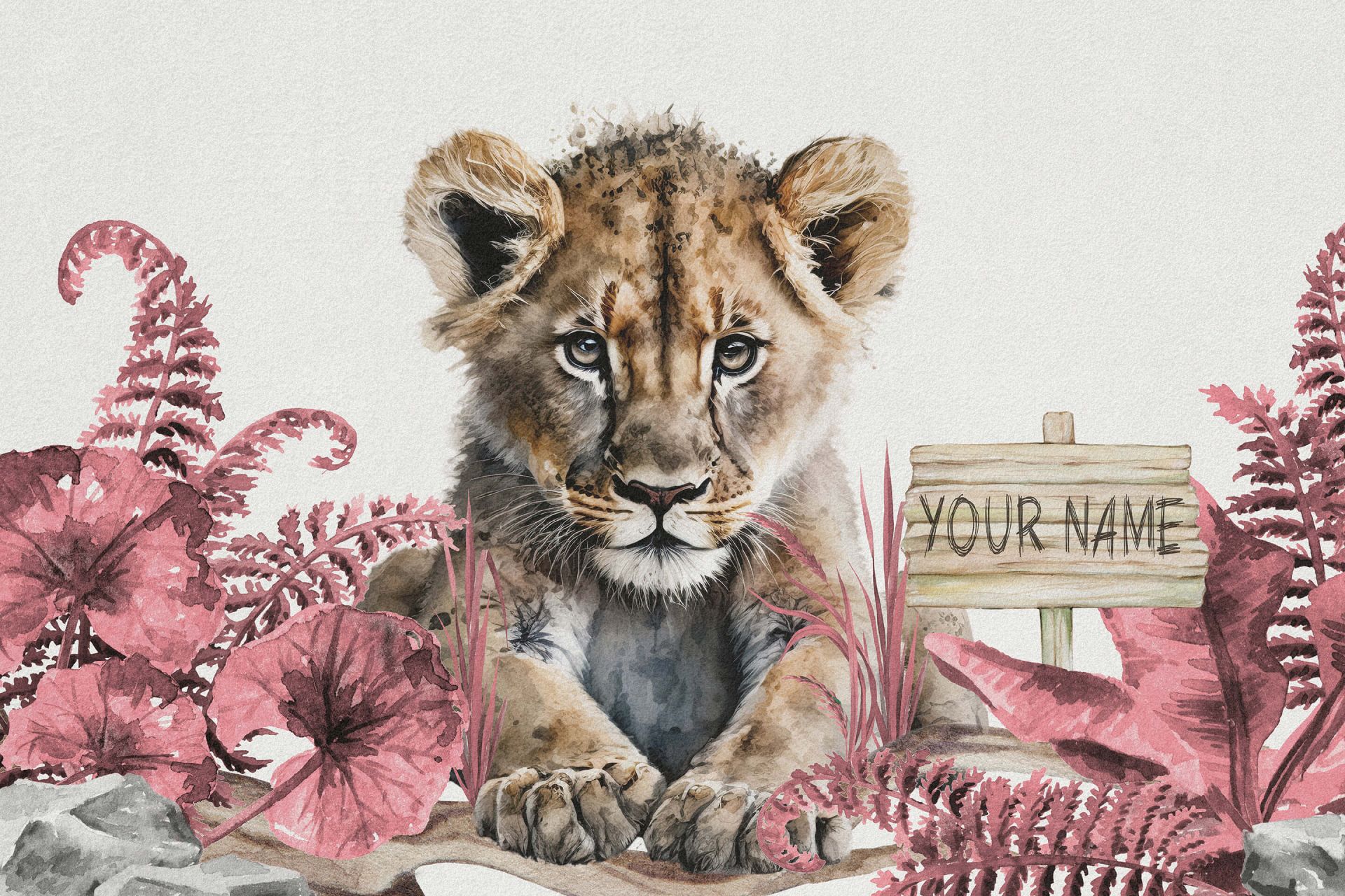 Młody lew w dżungli w kolorze różowym