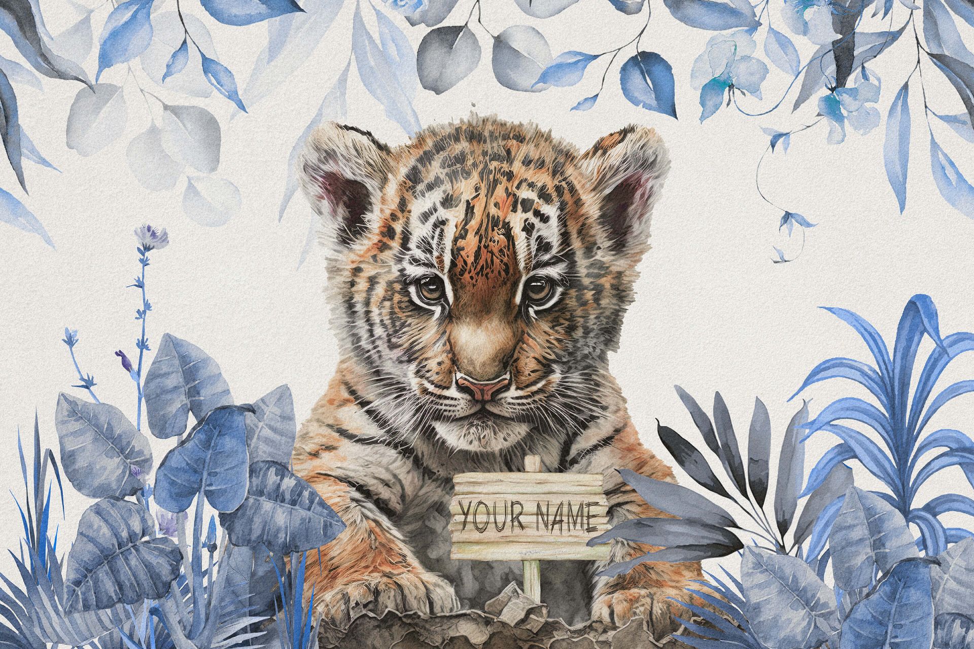 Śliczny tygrys z roślinami w kolorze niebieski