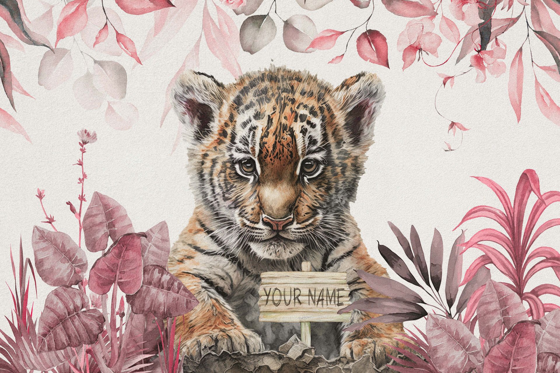 Śliczny tygrys z roślinami w kolorze różowym