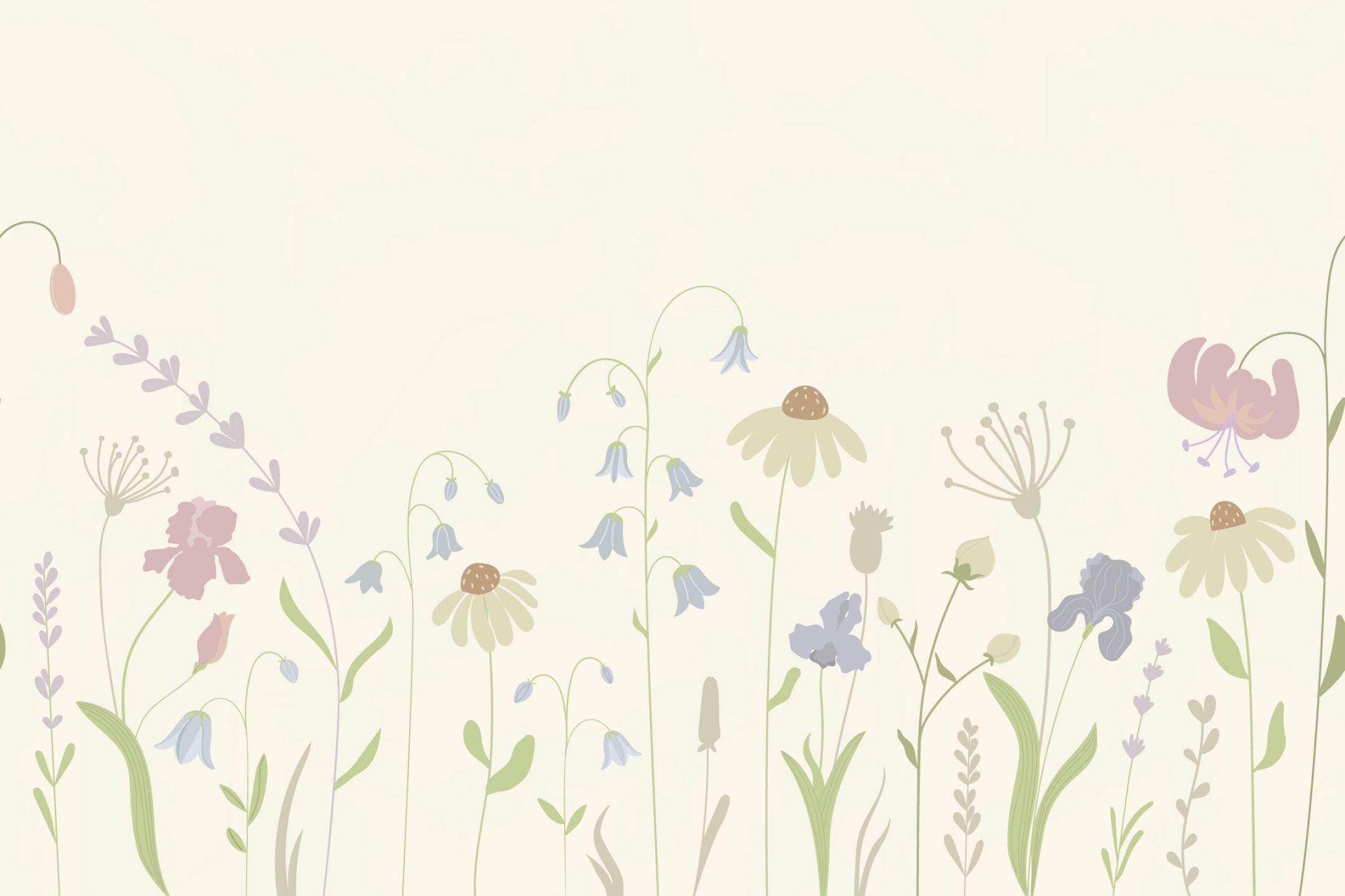 Pole kwiatów w wysokim beżu, starym różu, zieleni i bzie