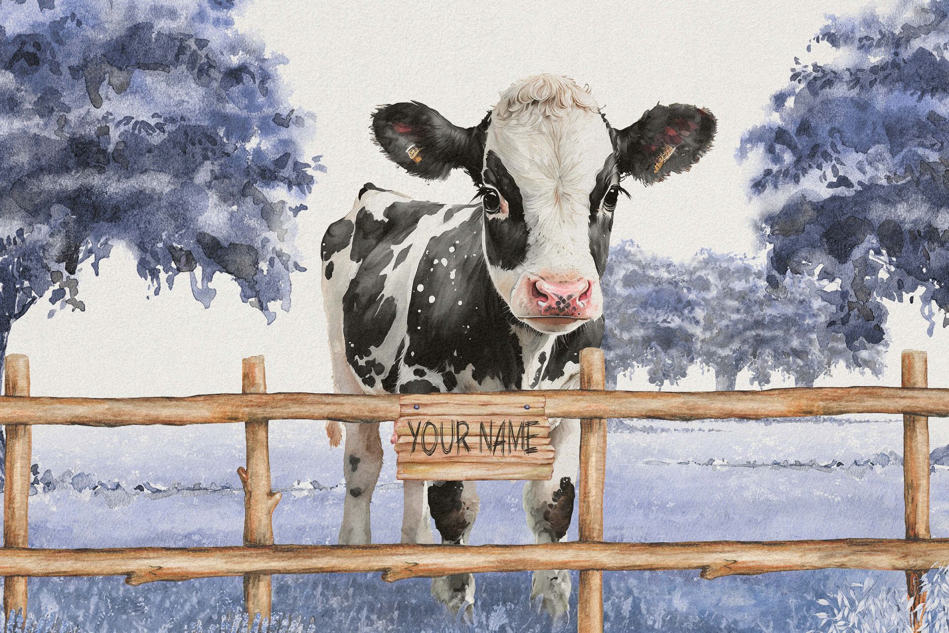 Młoda krowa na łące w kolorze niebieskim