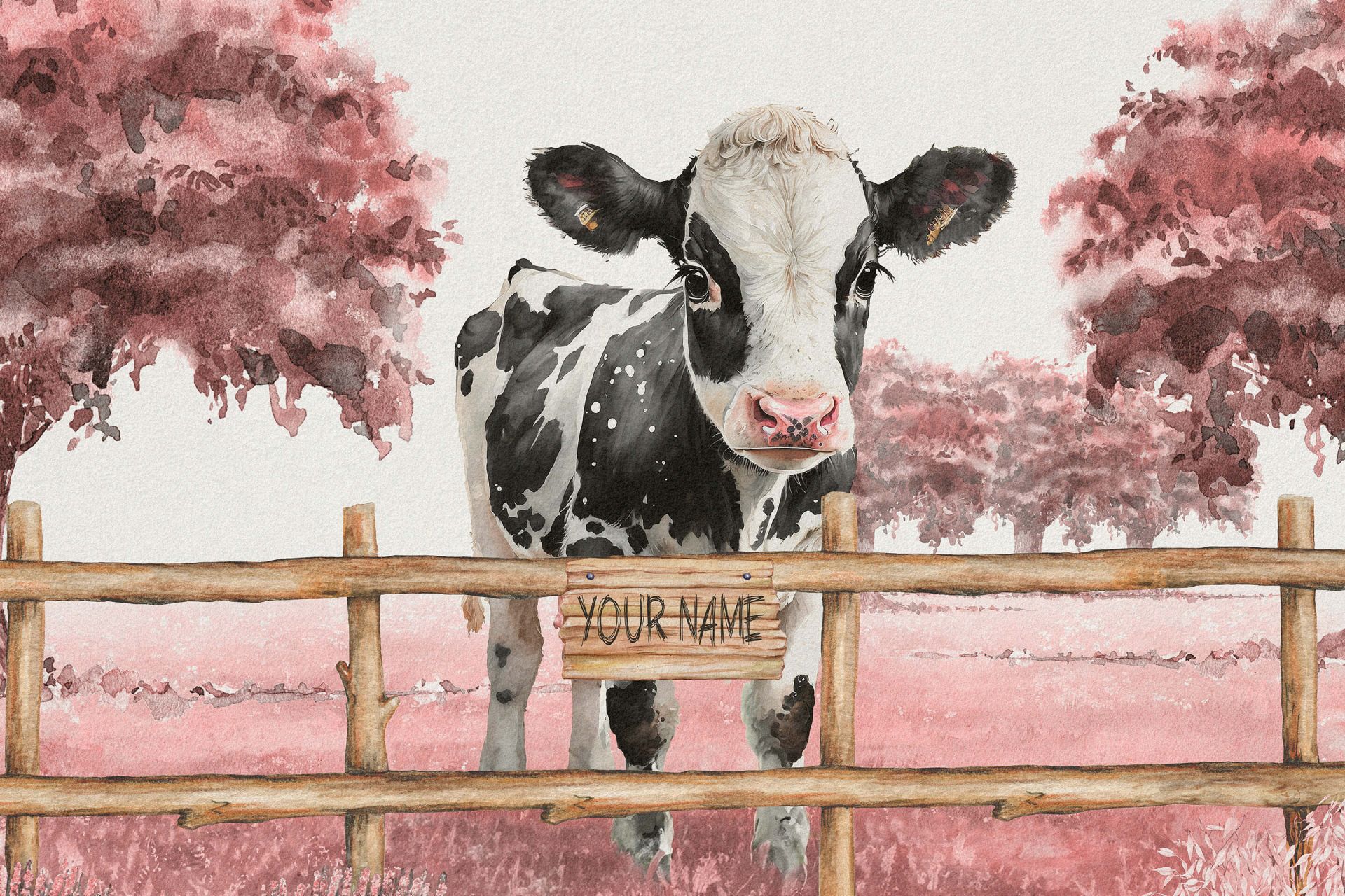 Młoda krowa na łące różowa