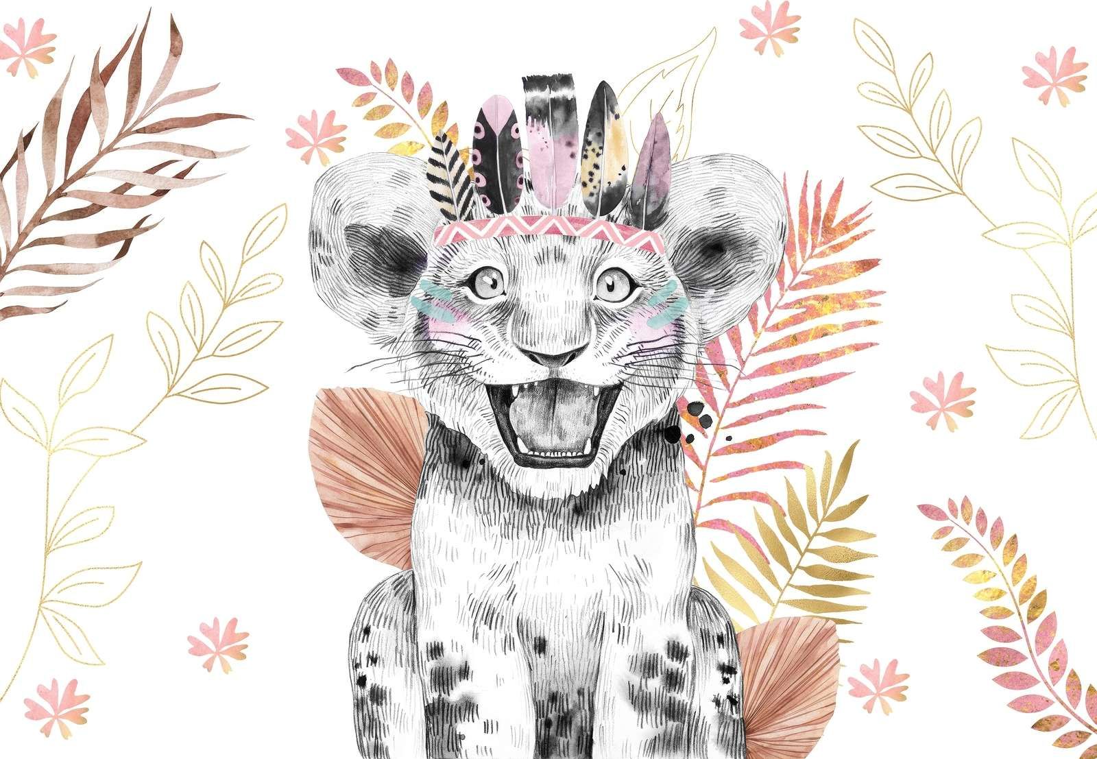 Mała lwica z koralowym różem i złotymi liśćmi