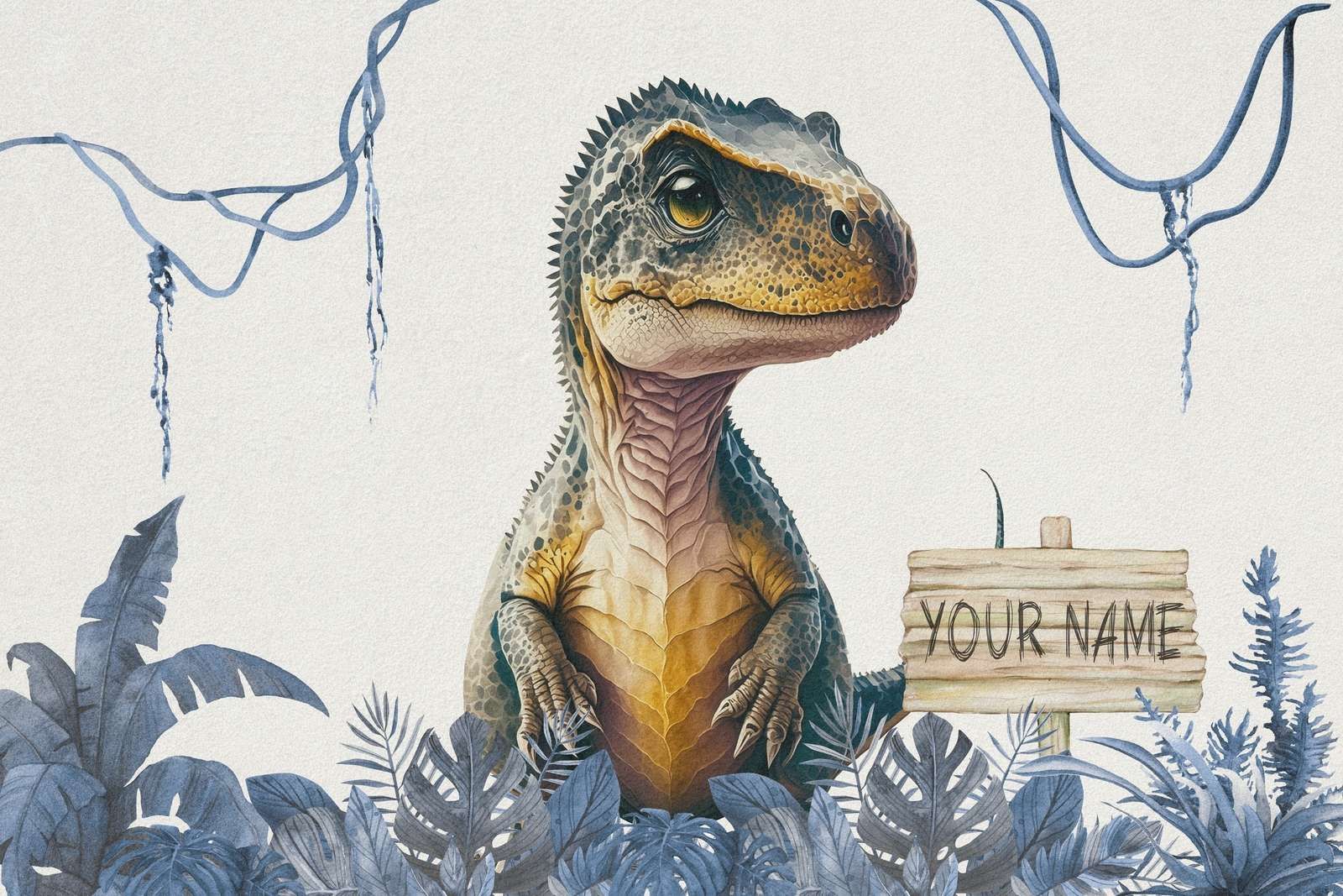 Młody t-rex w niebieskiej dżungli