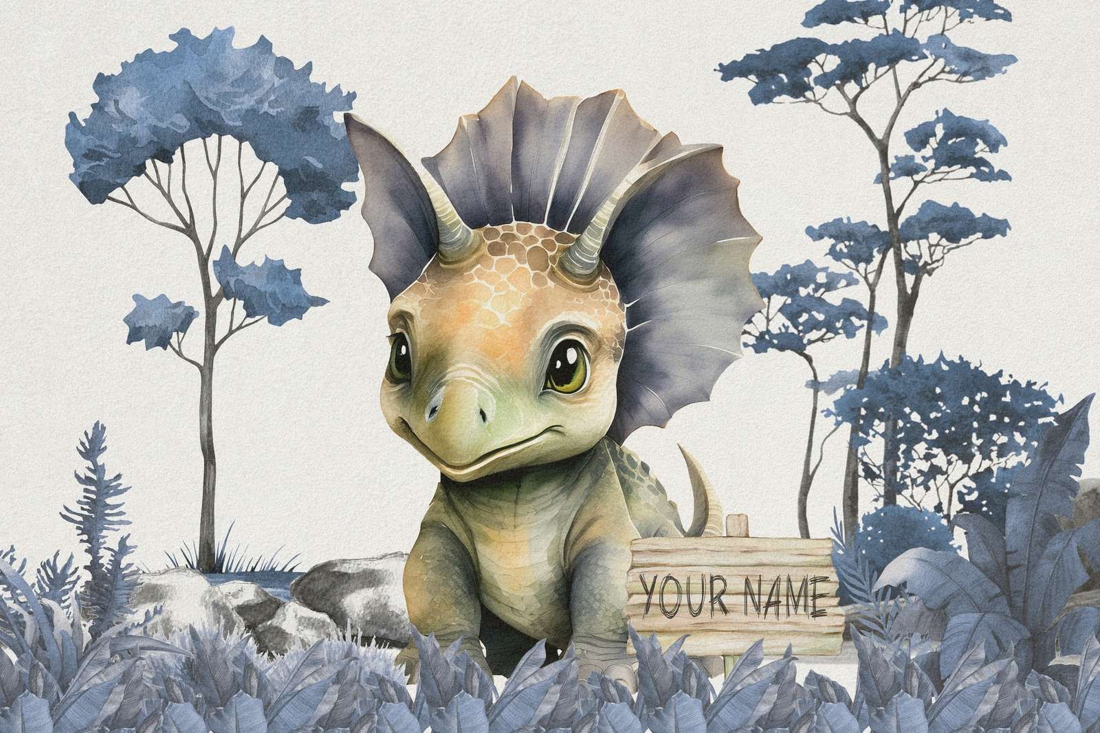 Młody triceratops w niebieskiej dżungli